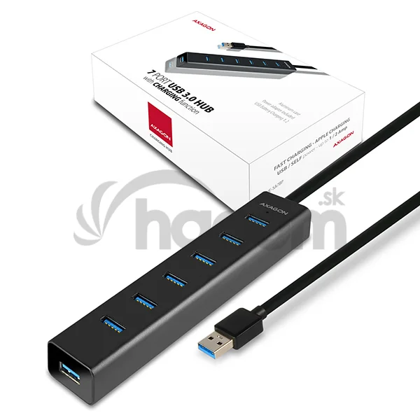 AXAGON HUE-SA7BP, 7x USB 3.0 ALU CHARGING hub, vr. AC adaptéra, kábel USB-A 40cm