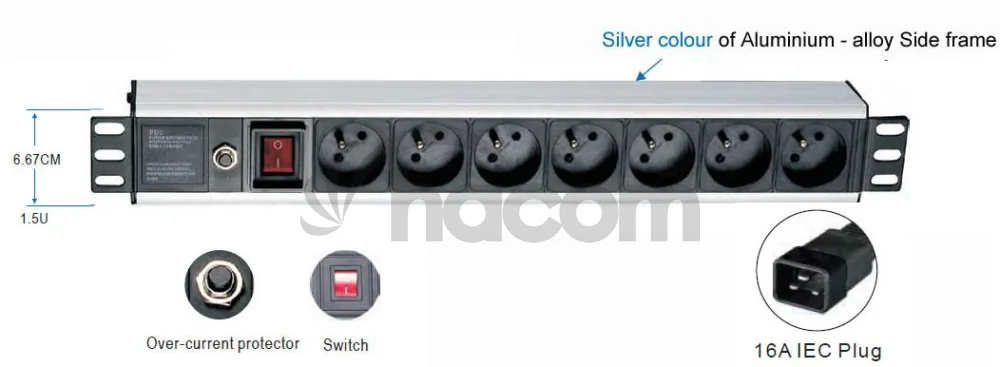 19" rozvodný panel 1,5 U, 7x220V, koncovka IEC C19,16A