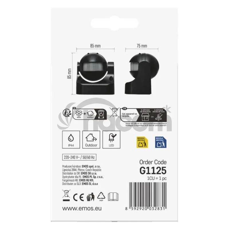 PIR senzor (pohybové čidlo) IP44 1200W, čierny