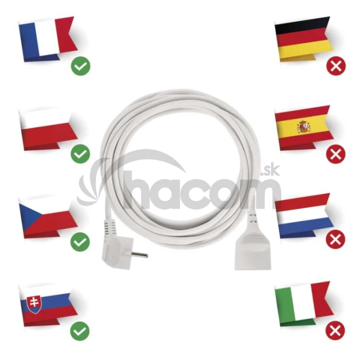 Predlžovací kábel 7 m / 1 zásuvka / biely / PVC / 1,5 mm2