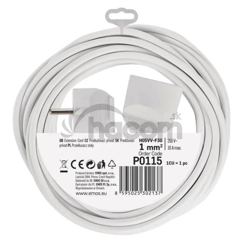 Predlžovací kábel 5 m / 1 zásuvka / biely / PVC / 1 mm2