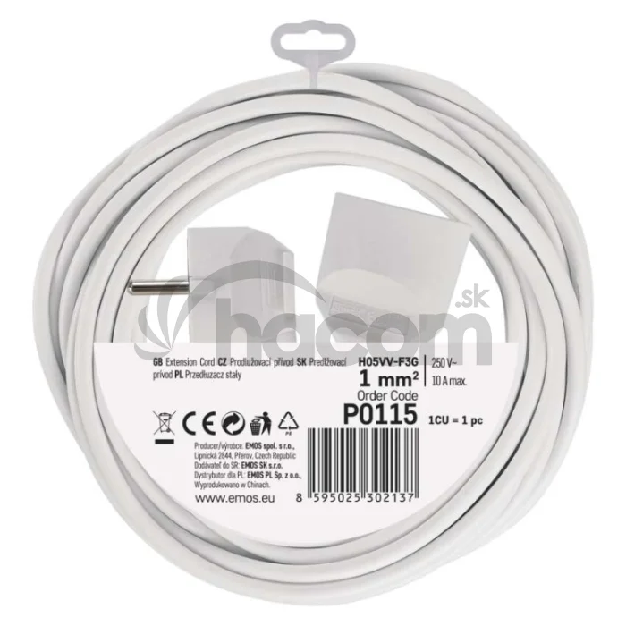 Predlžovací kábel 5 m / 1 zásuvka / biely / PVC / 1 mm2
