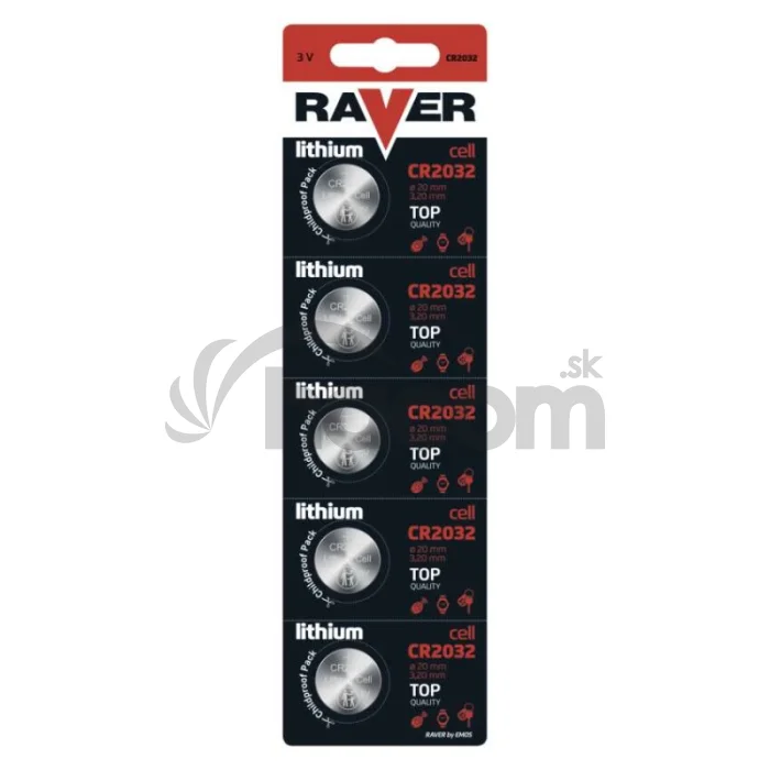 Lítiová gombíková batéria RAVER CR2032, 5 ks