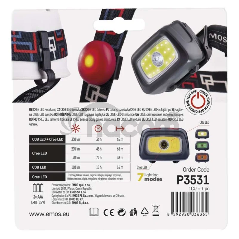 CREE LED + COB LED čelovka P3531, 330 lm, 65 m, 3× AAA