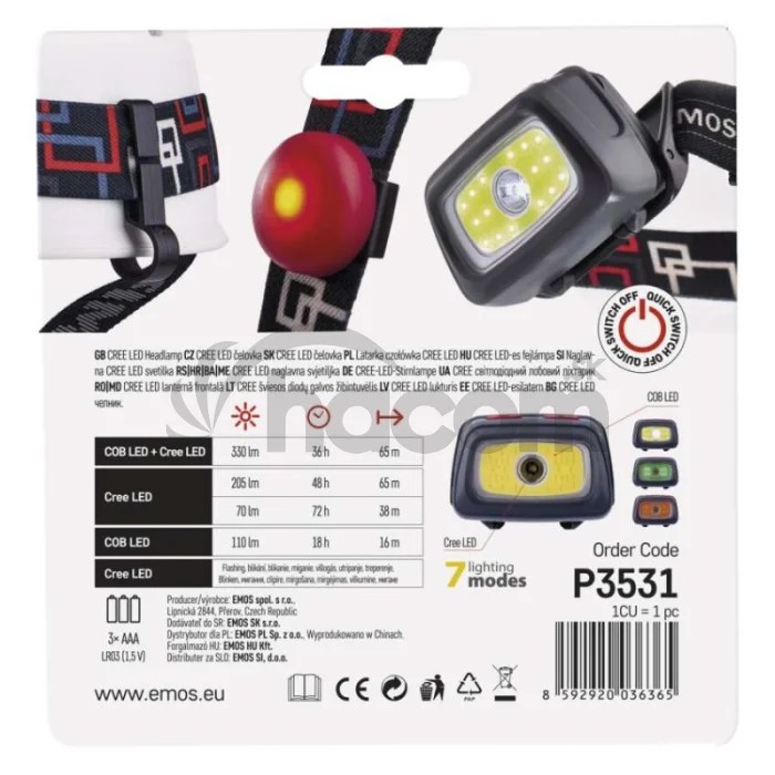 CREE LED + COB LED čelovka P3531, 330 lm, 65 m, 3× AAA