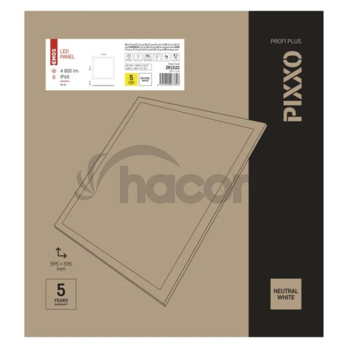 LED panel PIXXO 60 x 60 cm / 10 mm, 48 W, 4 800 lm, vstavaný, neutrálna biela, IP65