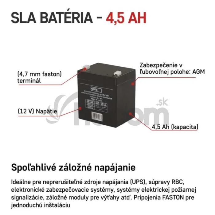 Bezúdržbový olovený akumulátor 12 V/4,5 Ah, faston 4,7 mm