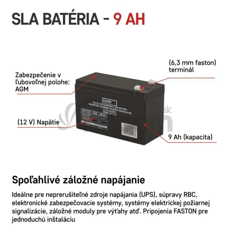 Bezúdržbový olovený akumulátor 12 V/9 Ah, faston 6,3 mm