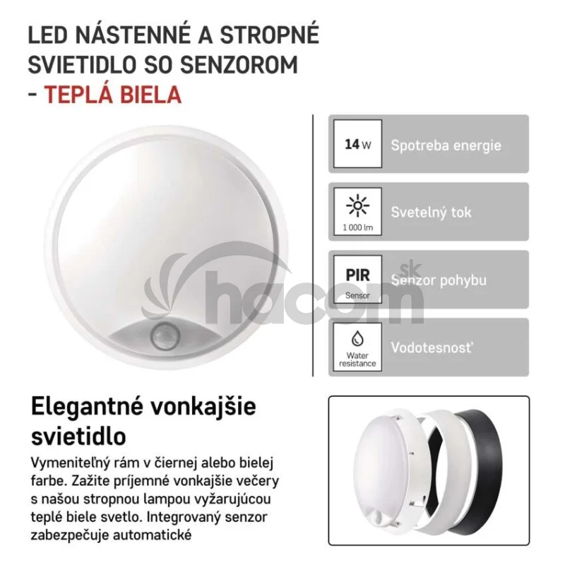 LED prisadené svietidlo ZURI s pohyb. senz., kruhové č/b 14W t.b.