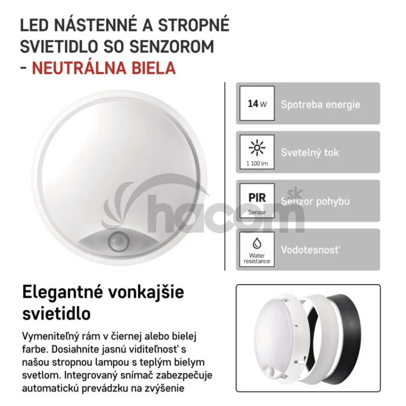 LED prisadené svietidlo ZURI s pohyb. senz., kruhové č/b 14W n.b.