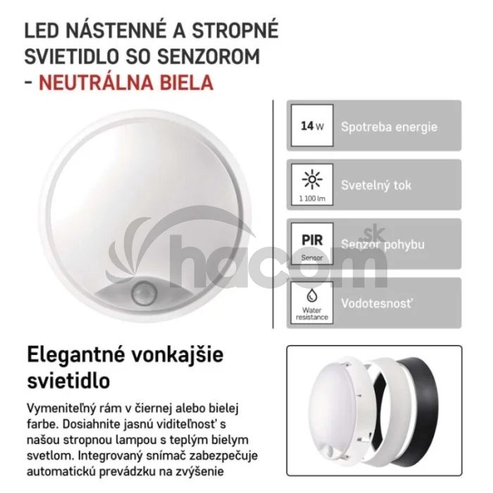 LED prisadené svietidlo ZURI s pohyb. senz., kruhové č/b 14W n.b.