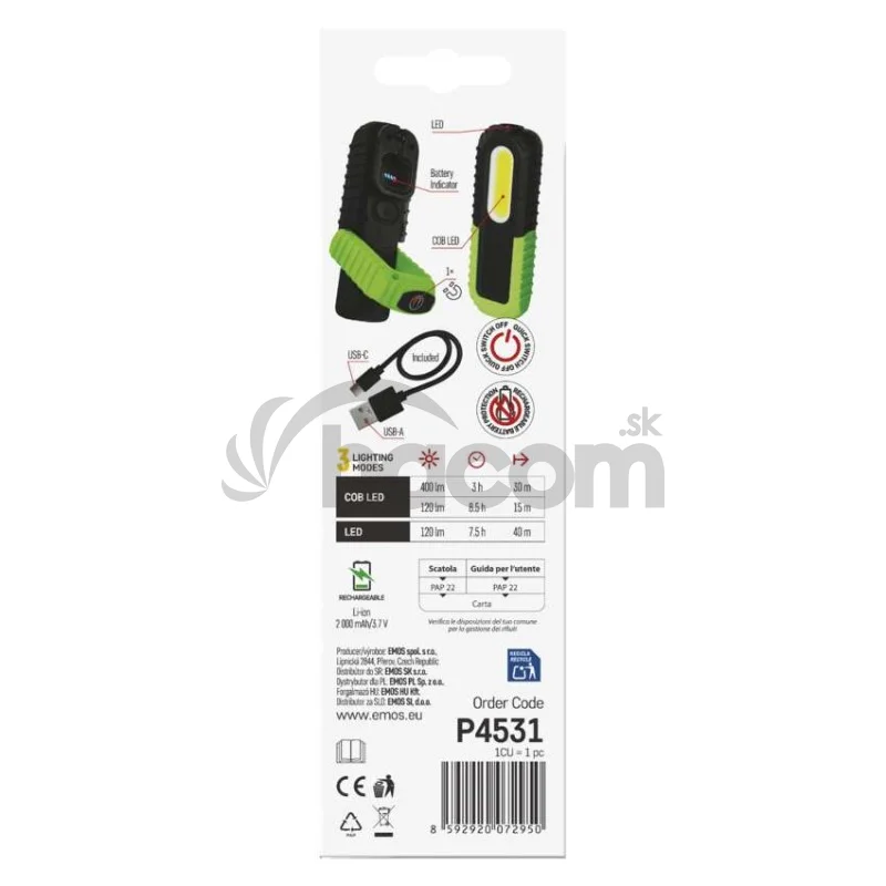 COB LED + LED nabíj. prac. svietidlo P4531, 400 lm, 2000 mAh