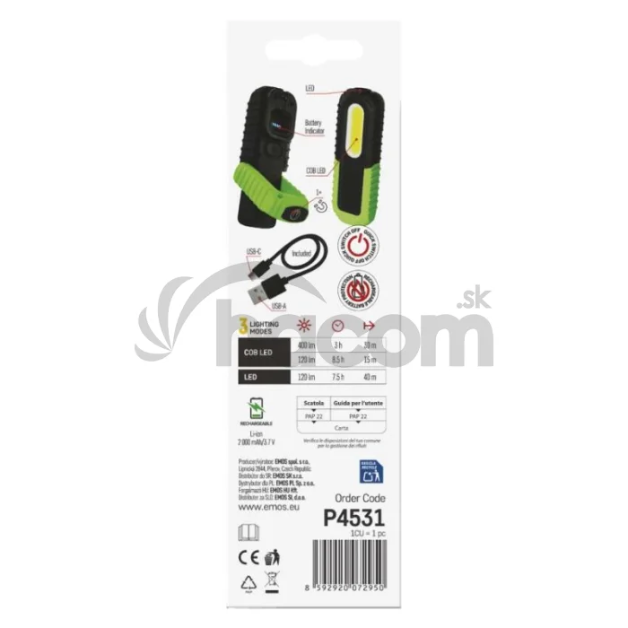 COB LED + LED nabíj. prac. svietidlo P4531, 400 lm, 2000 mAh