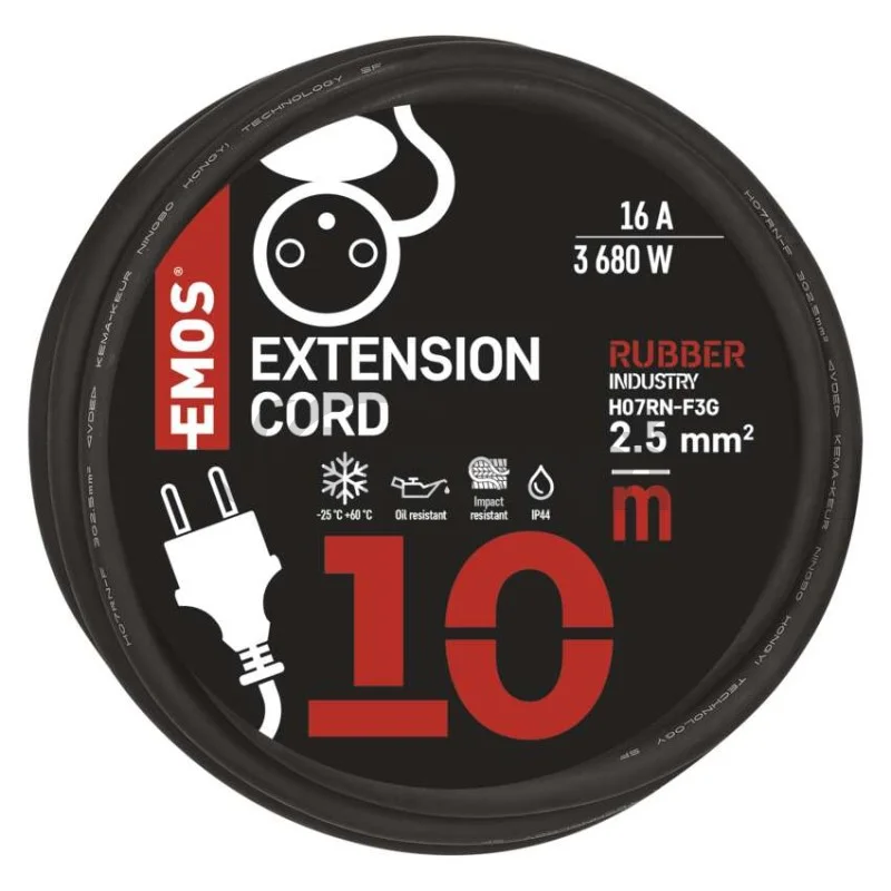 Vonkajší predlžovací kábel 10 m / 1 zásuvka / čierny / guma-neoprén / 230 V / 2,5 mm2