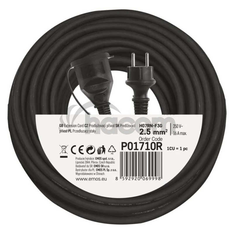 Vonkajší predlžovací kábel 10 m / 1 zásuvka / čierny / guma-neoprén / 230 V / 2,5 mm2