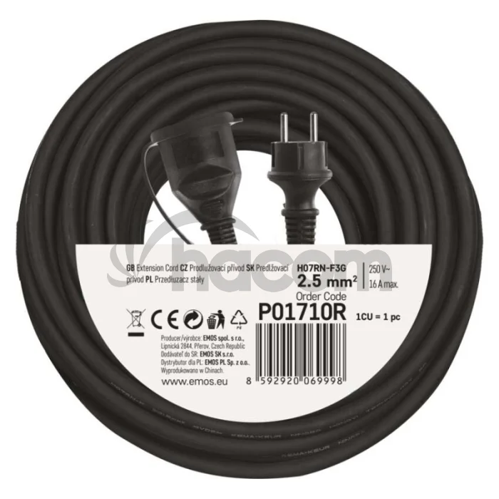Vonkajší predlžovací kábel 10 m / 1 zásuvka / čierny / guma-neoprén / 230 V / 2,5 mm2