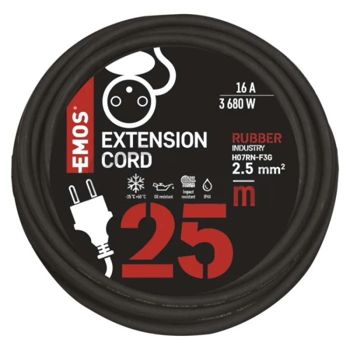 Vonkajší predlžovací kábel 25 m / 1 zásuvka / čierny / guma-neoprén / 230 V / 2,5 mm2