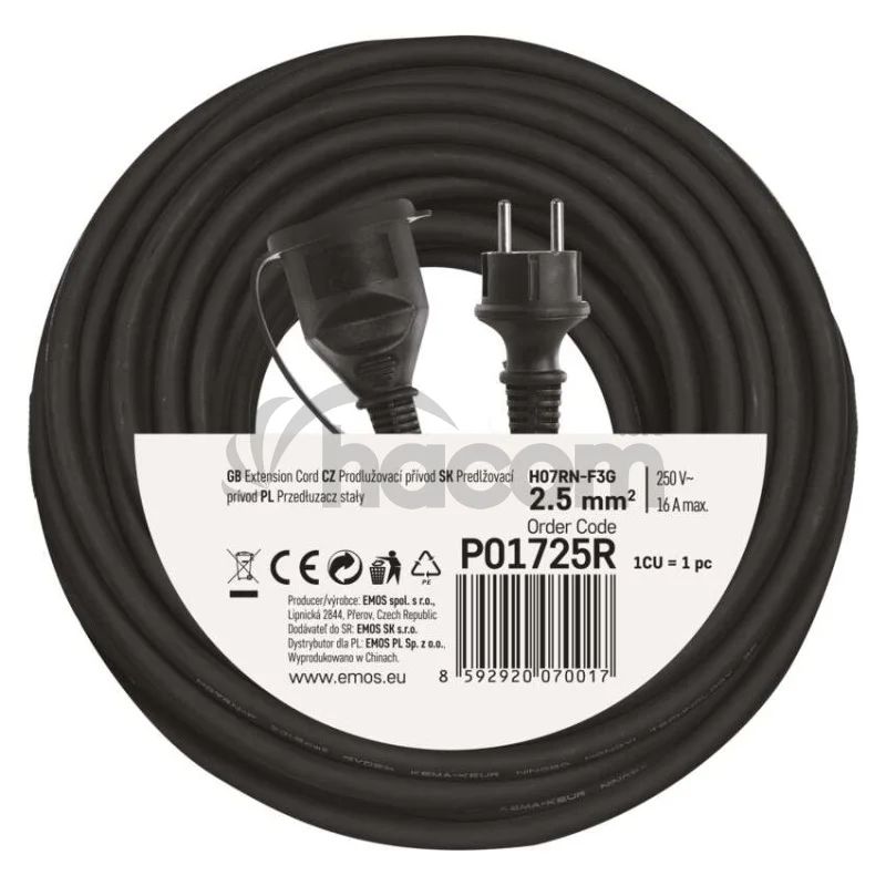 Vonkajší predlžovací kábel 25 m / 1 zásuvka / čierny / guma-neoprén / 230 V / 2,5 mm2