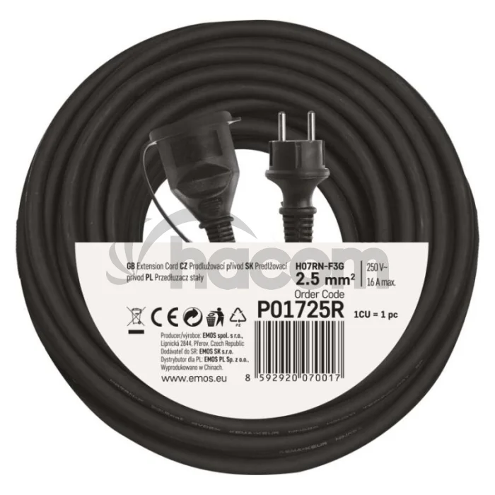 Vonkajší predlžovací kábel 25 m / 1 zásuvka / čierny / guma-neoprén / 230 V / 2,5 mm2