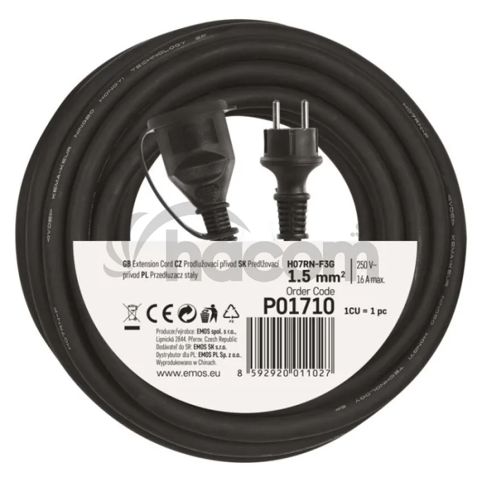 Vonkajší predlžovací kábel 10 m / 1 zásuvka / čierny / guma-neoprén / 230 V / 1,5 mm2