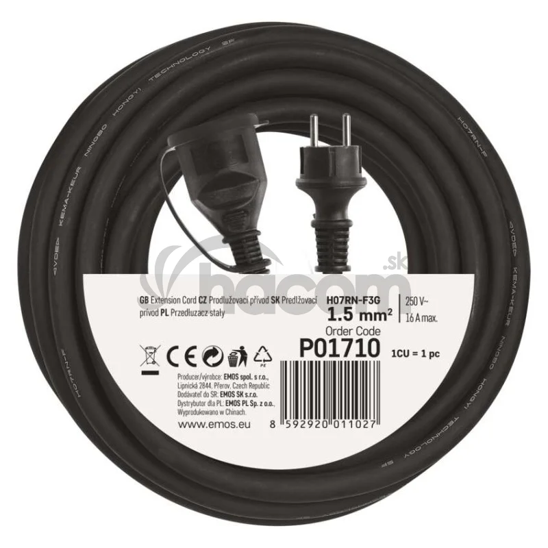 Vonkajší predlžovací kábel 10 m / 1 zásuvka / čierny / guma-neoprén / 230 V / 1,5 mm2