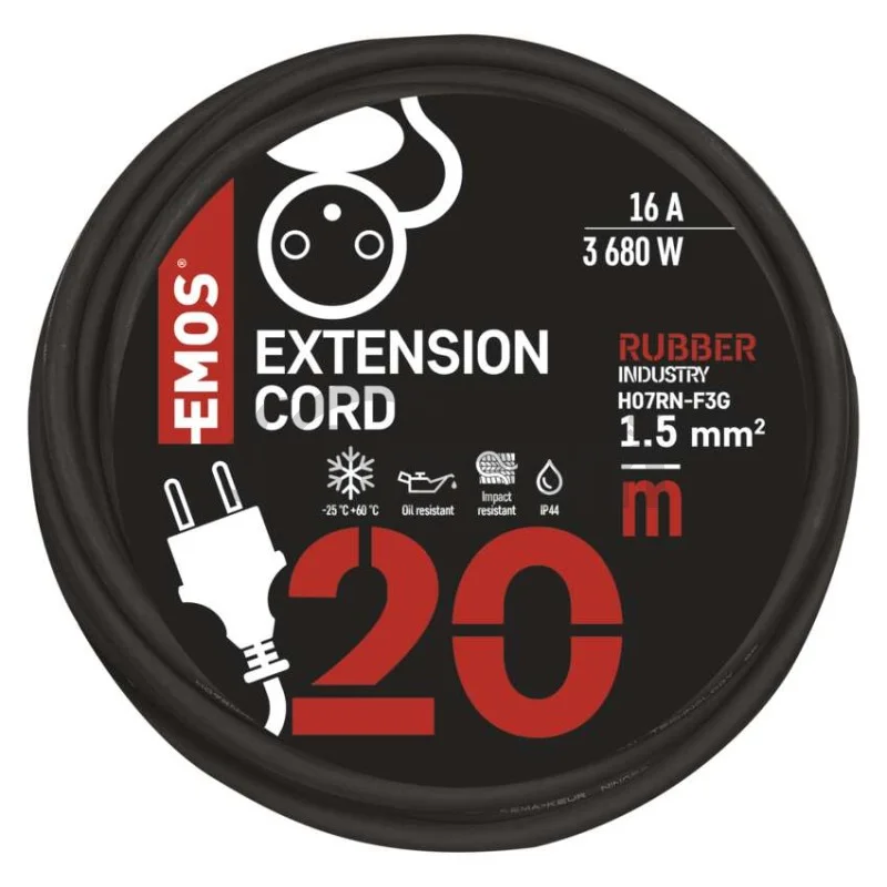 Vonkajší predlžovací kábel 20 m / 1 zásuvka / čierny / guma-neoprén / 230 V / 1,5 mm2