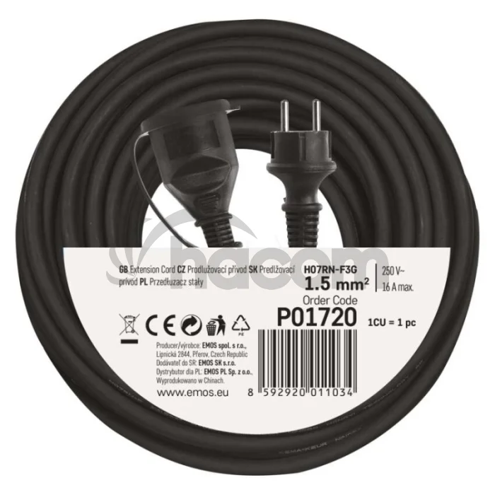 Vonkajší predlžovací kábel 20 m / 1 zásuvka / čierny / guma-neoprén / 230 V / 1,5 mm2