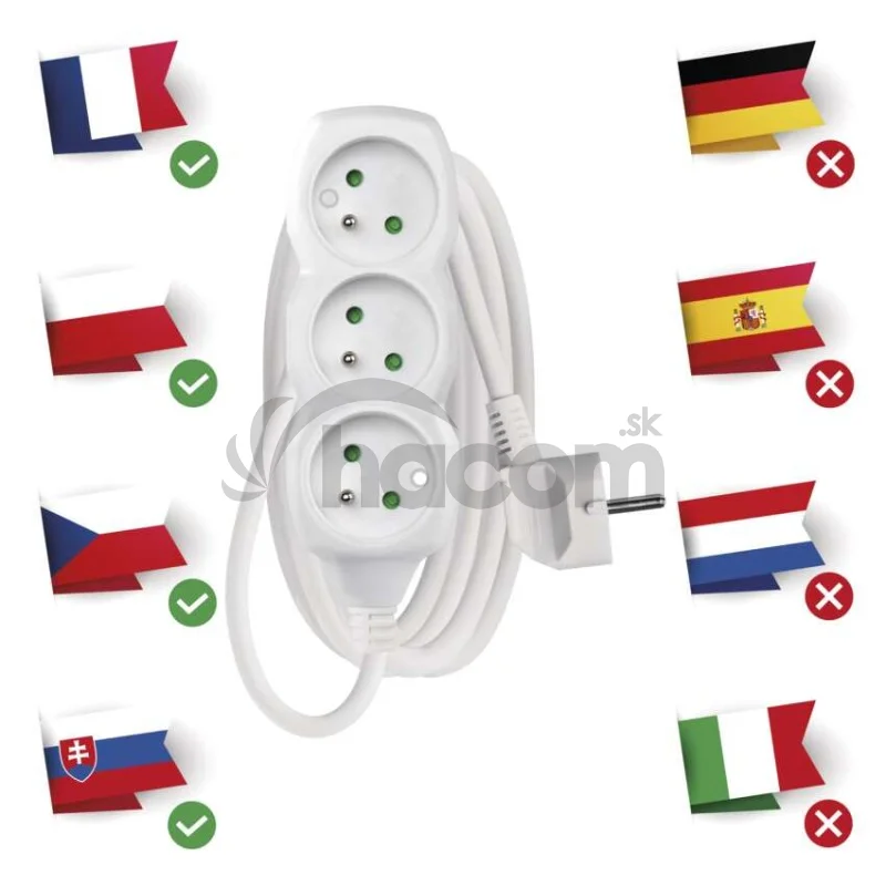 Predlžovací kábel 2 m / 3 zásuvky / biely / PVC / 1 mm2