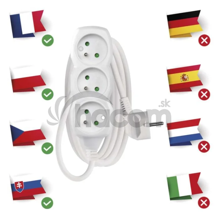 Predlžovací kábel 2 m / 3 zásuvky / biely / PVC / 1 mm2