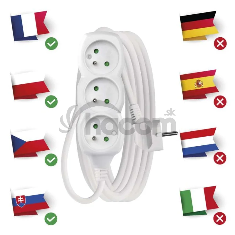 Predlžovací kábel 5 m / 3 zásuvky / biely / PVC / 1,5 mm2