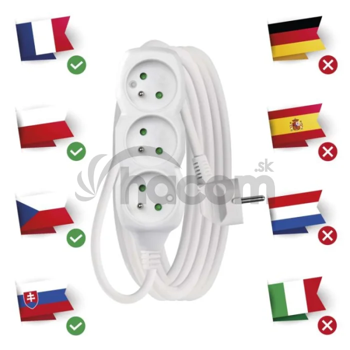 Predlžovací kábel 5 m / 3 zásuvky / biely / PVC / 1,5 mm2