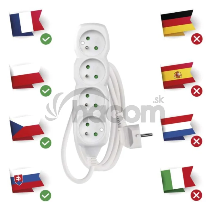 Predlžovací kábel 1,5 m / 4 zásuvky / biely / PVC / 1 mm2
