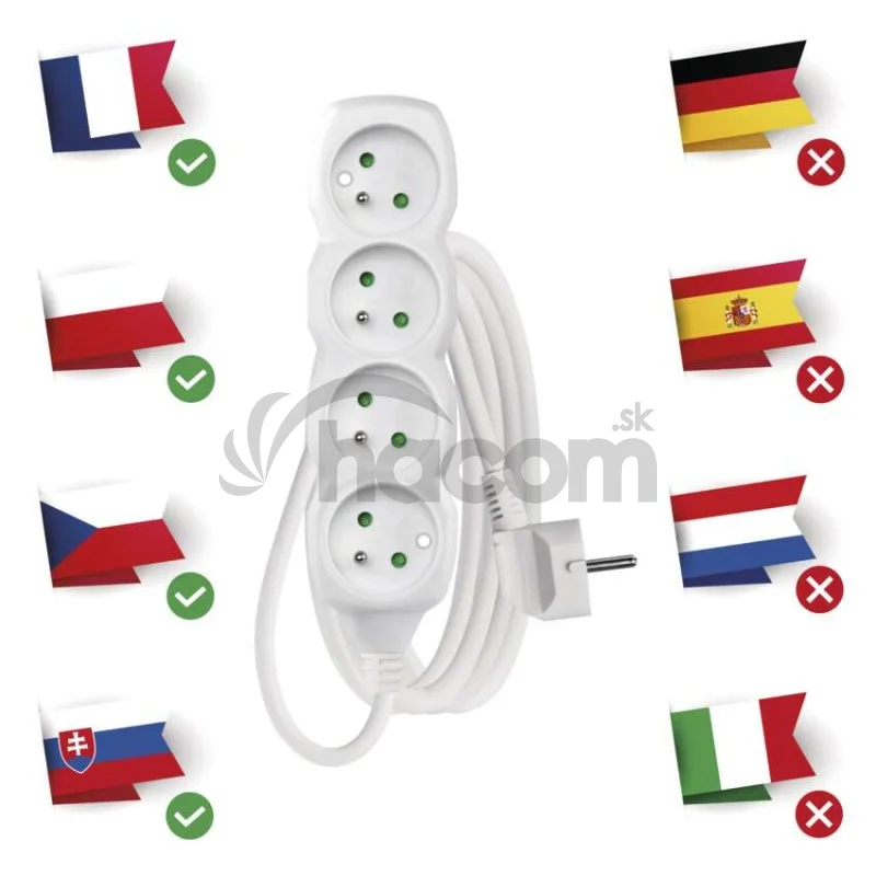 Predlžovací kábel 3 m / 4 zásuvky / biely / PVC / 1 mm2
