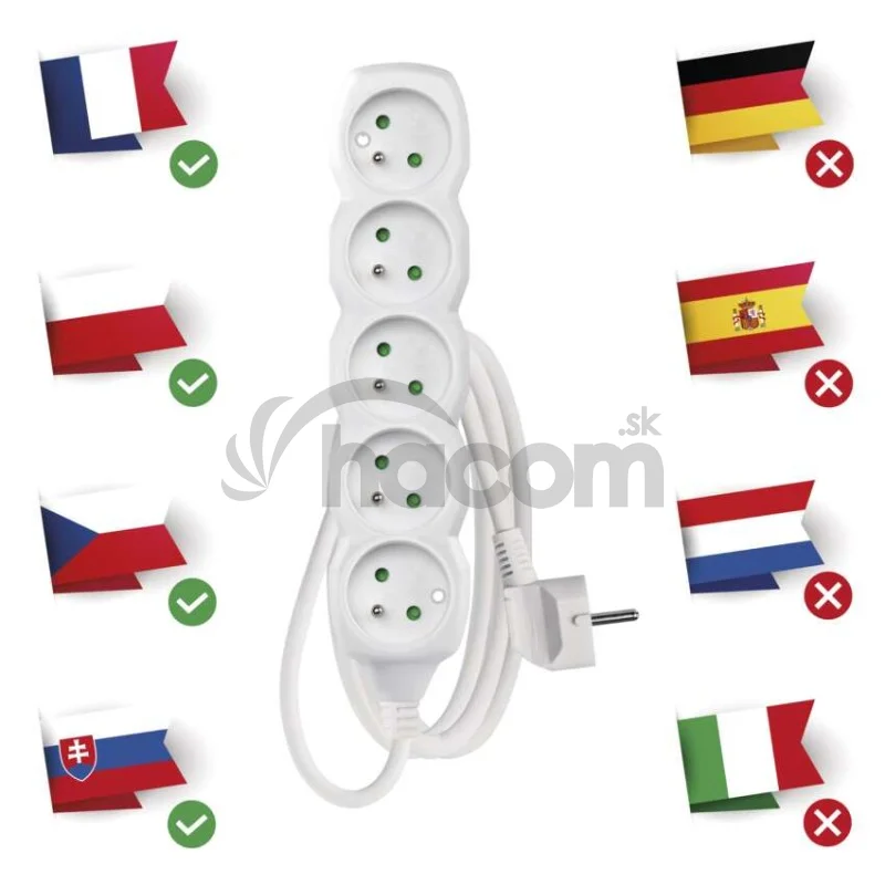 Predlžovací kábel 1,5 m / 5 zásuviek / biely / PVC / 1 mm2