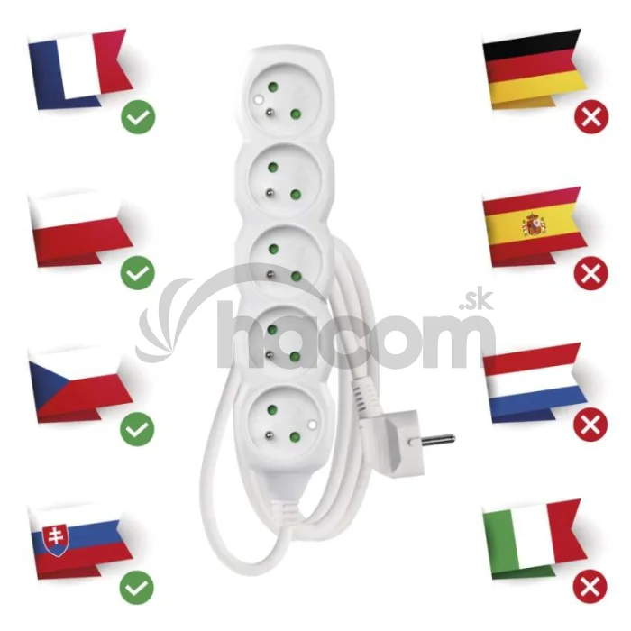 Predlžovací kábel 1,5 m / 5 zásuviek / biely / PVC / 1 mm2