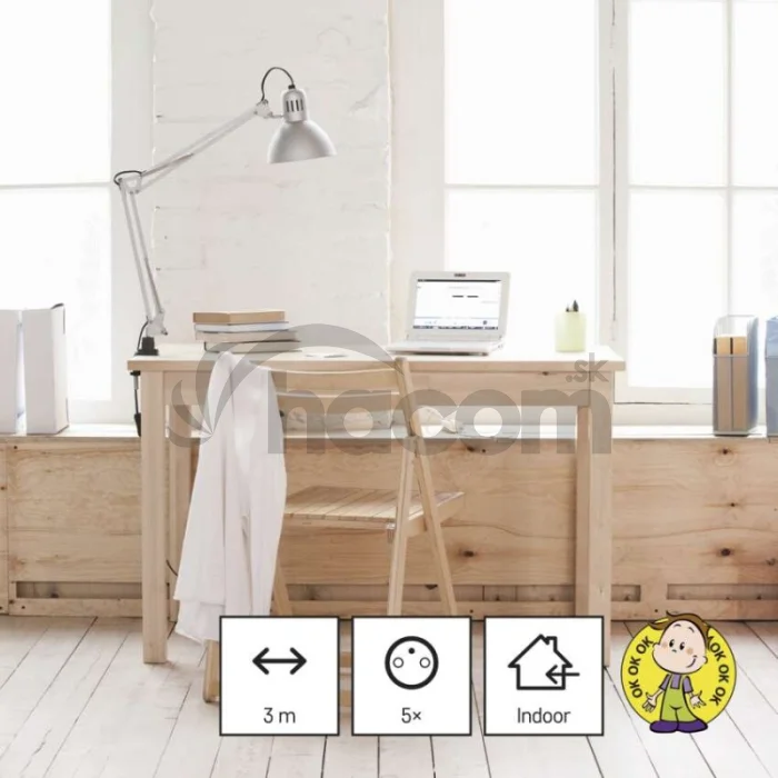 Predlžovací kábel 3 m / 5 zásuviek / biely / PVC / 1 mm2