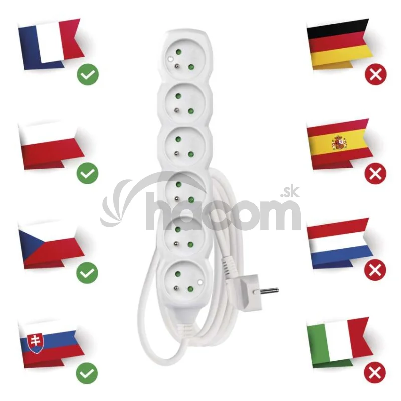 Predlžovací kábel 3 m / 6 zásuviek / biely / PVC / 1 mm2