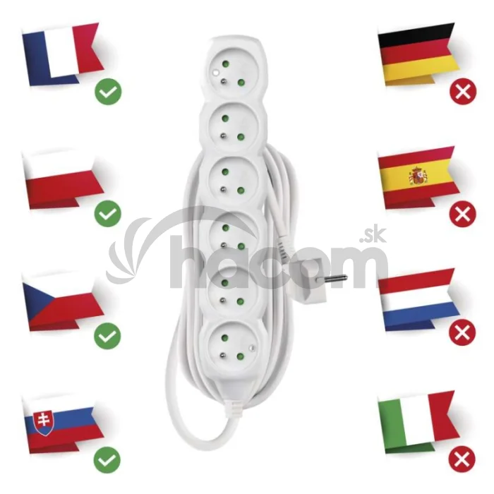 Predlžovací kábel 5 m / 6 zásuviek / biely / PVC / 1 mm2