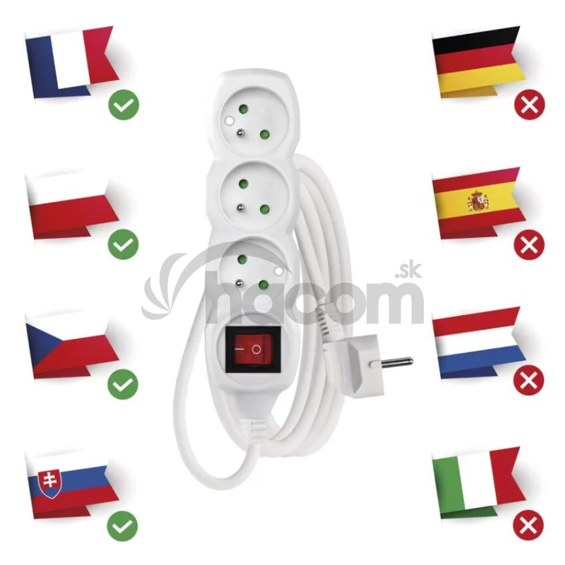 Predlžovací kábel 2 m / 3 zásuvky / s vypínačom / biely / PVC / 1 mm2