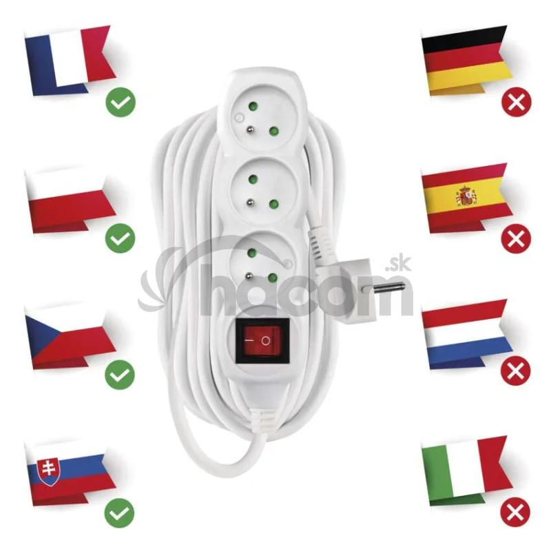 Predlžovací kábel 10 m / 3 zásuvky / s vypínačom / biely / PVC / 1 mm2