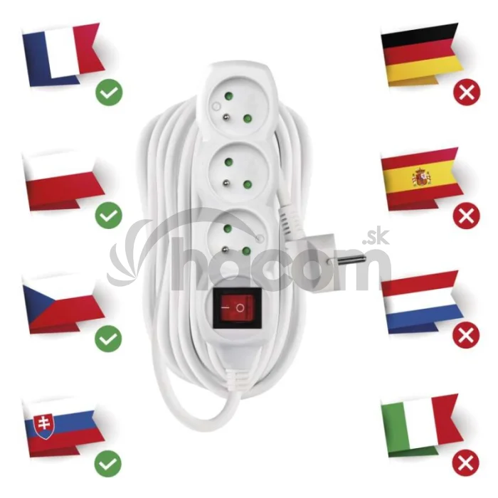 Predlžovací kábel 10 m / 3 zásuvky / s vypínačom / biely / PVC / 1 mm2