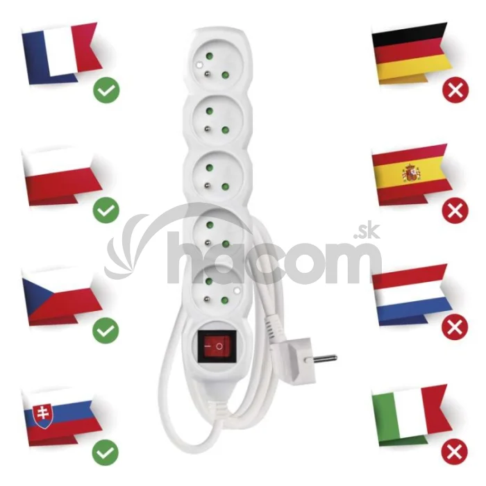 Predlžovací kábel 2 m / 5 zásuviek / s vypínačom / biely / PVC / 1 mm2