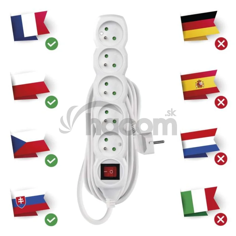 Predlžovací kábel 5 m / 5 zásuviek / s vypínačom / biely / PVC / 1,5 mm2