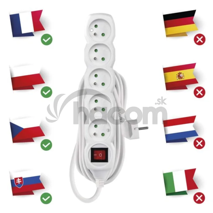 Predlžovací kábel 5 m / 5 zásuviek / s vypínačom / biely / PVC / 1,5 mm2