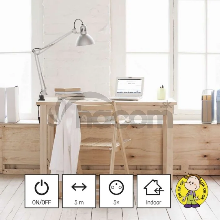 Predlžovací kábel 5 m / 5 zásuviek / s vypínačom / biely / PVC / 1,5 mm2