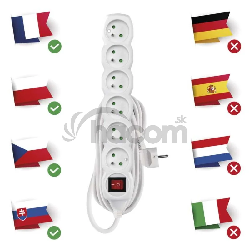 Predlžovací kábel 5 m / 6 zásuviek / s vypínačom / biely / PVC / 1 mm2
