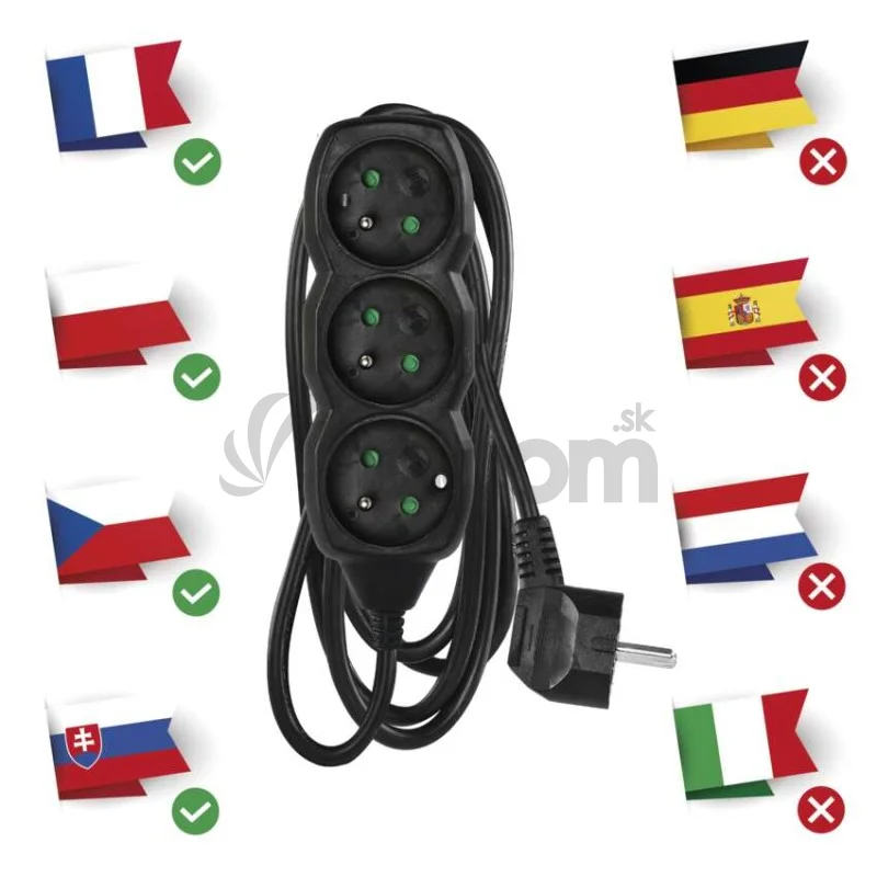 Predlžovací kábel 1,5 m / 3 zásuvky / čierny / PVC / 1 mm2