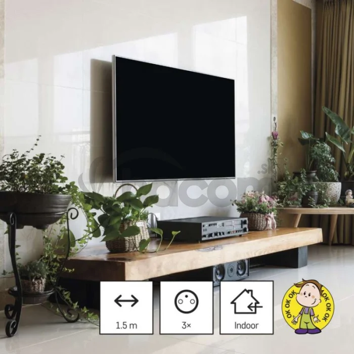 Predlžovací kábel 1,5 m / 3 zásuvky / čierny / PVC / 1 mm2