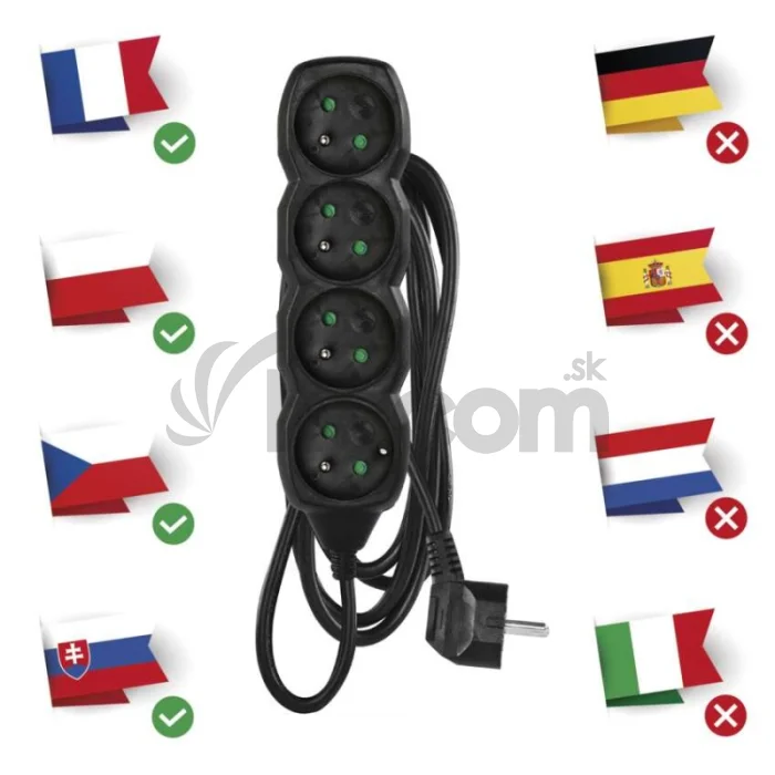 Predlžovací kábel 3 m / 4 zásuvky / čierny / PVC / 1,5 mm2
