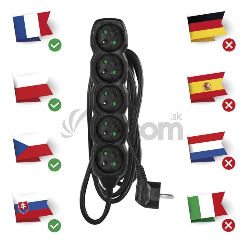 Predlžovací kábel 2 m / 5 zásuviek / čierny / PVC / 1 mm2